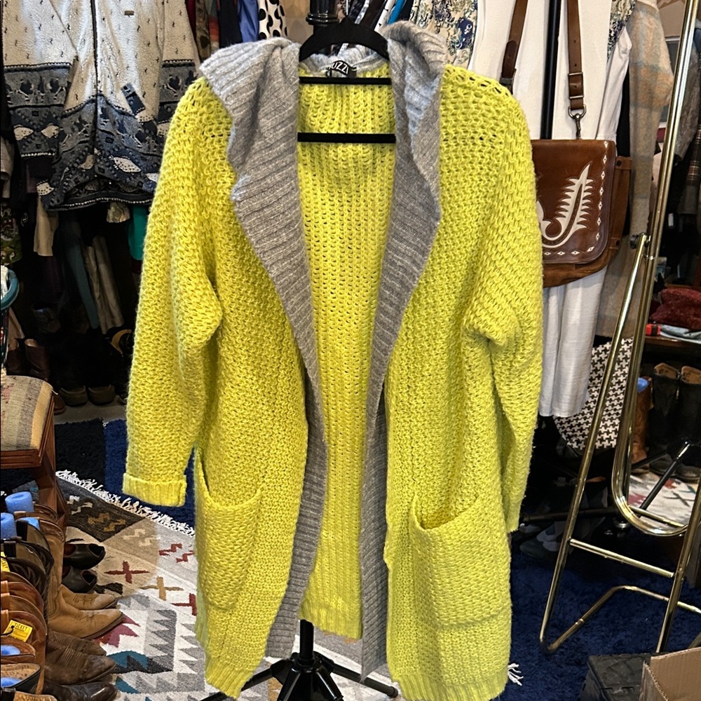 TUZZI Cozy Yellow and Gray Hooded Cardigan